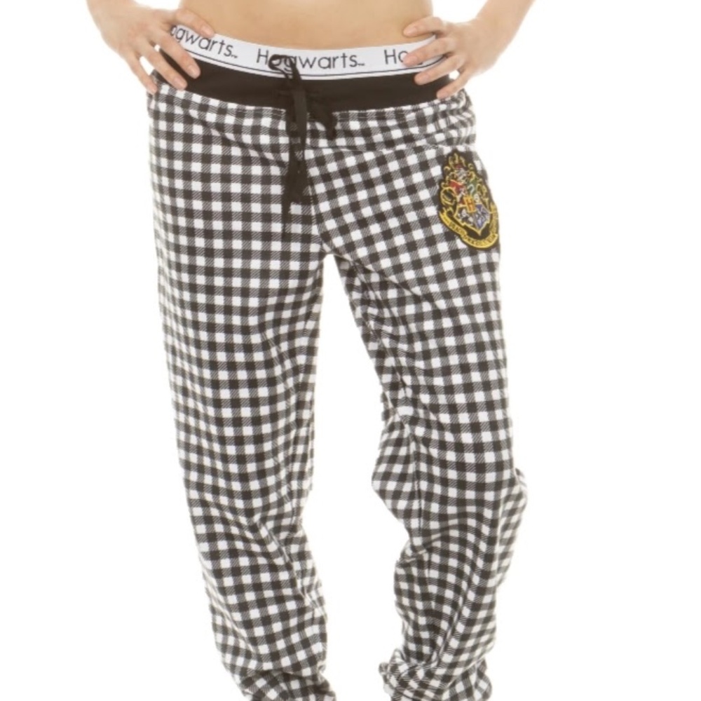 Harry Potter Hogwarts Girls Juniors Black White Plaid Joggers Lounge Pants M